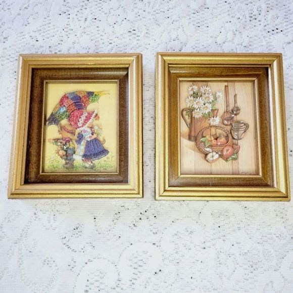 Vintage Paper Tole 3-D Art Holly Hobbie Kids Flower Fruit Baskets signed art - Picture 1 of 14